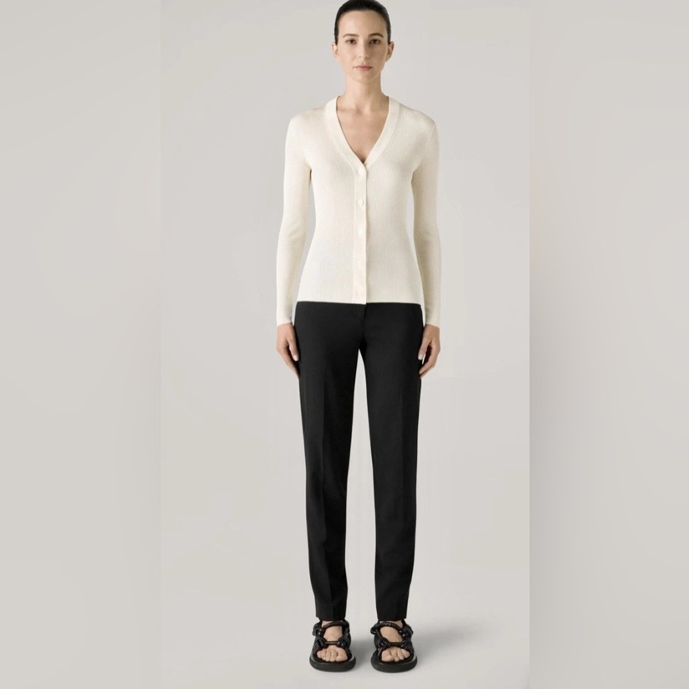 NWT! ST. JOHN Women's XS Ivory Ecru V-Neck Knit Cardigan Sweater Casual Ribbed